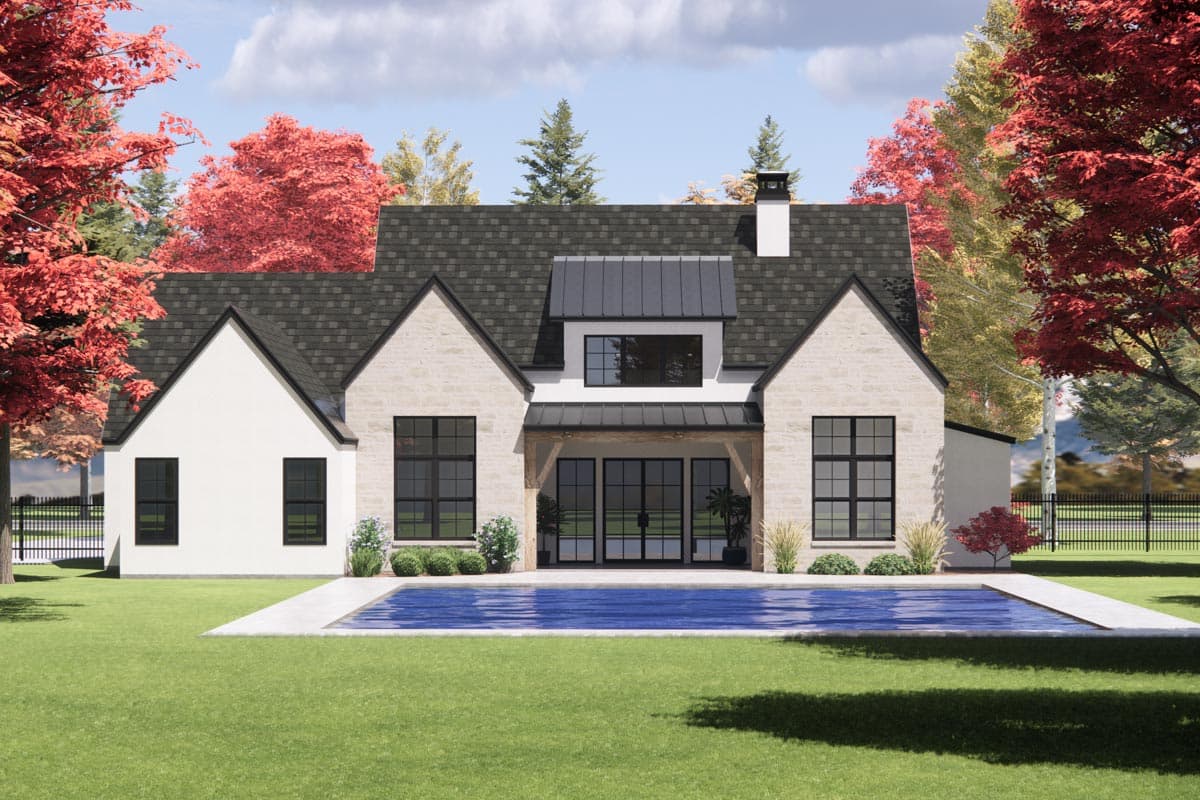 Modern Farmhouse house plan exterior, two stories, gables, dormer with metal roof, stone and stucco facade.