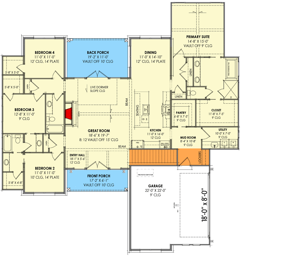 Plan 818050JSS: Transitional House Plan with Central Open Living Space - 2330 Sq Ft - Floor Plan - Main Level - Basement Foundation Stair Location  - Contemporary, Hill Country, Modern Farmhouse, Transitional