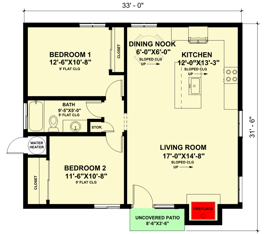 Plan 420091WNT: Sleek 938 Square Foot 2-Bed House Plan with Up-Sloping Ceiling - Floor Plan - Main Level - Cabin, Contemporary, Country, Mountain, New American, Northwest, Ranch, Rustic