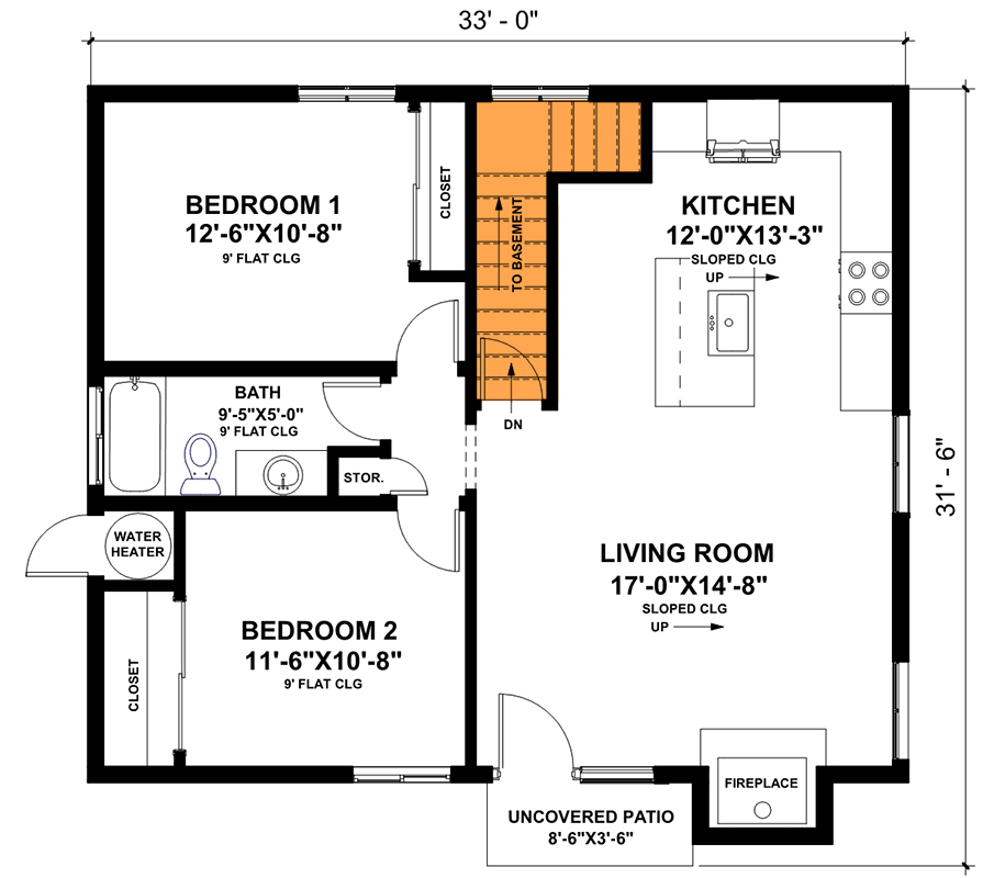 Plan 420091WNT: Sleek 938 Square Foot 2-Bed House Plan with Up-Sloping Ceiling - Floor Plan - Main Level - Basement Stairs Location - Cabin, Contemporary, Country, Mountain, New American, Northwest, Ranch, Rustic