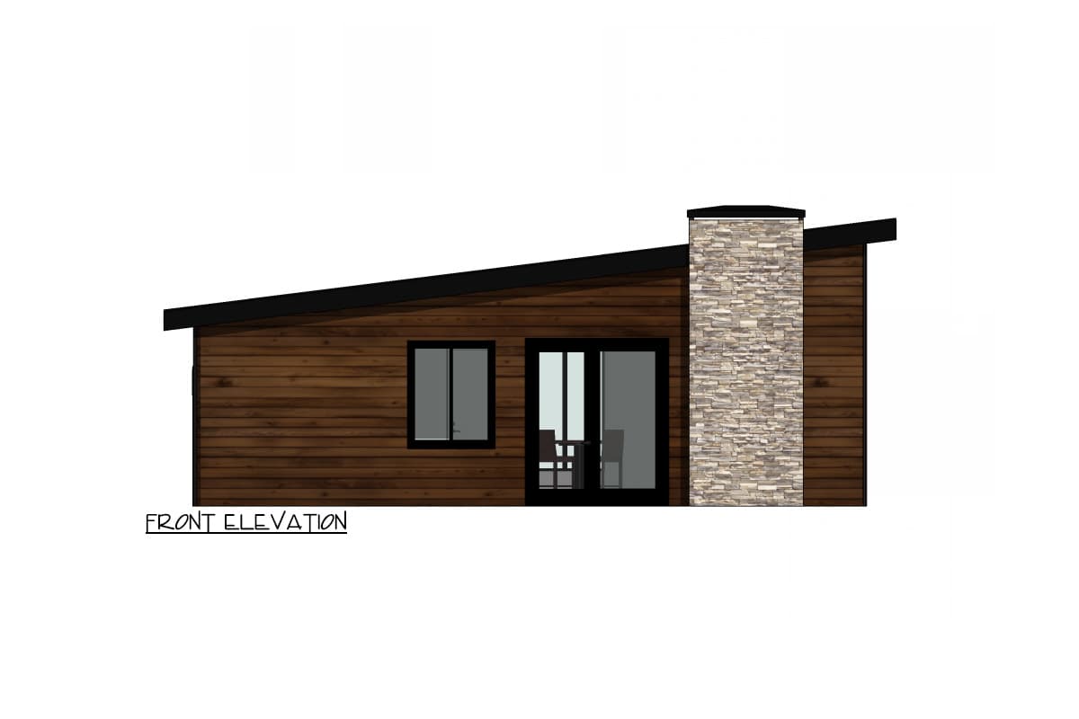 Front elevation of a modern house plan with a shed roof, horizontal wood siding, a stone chimney, and glass doors.