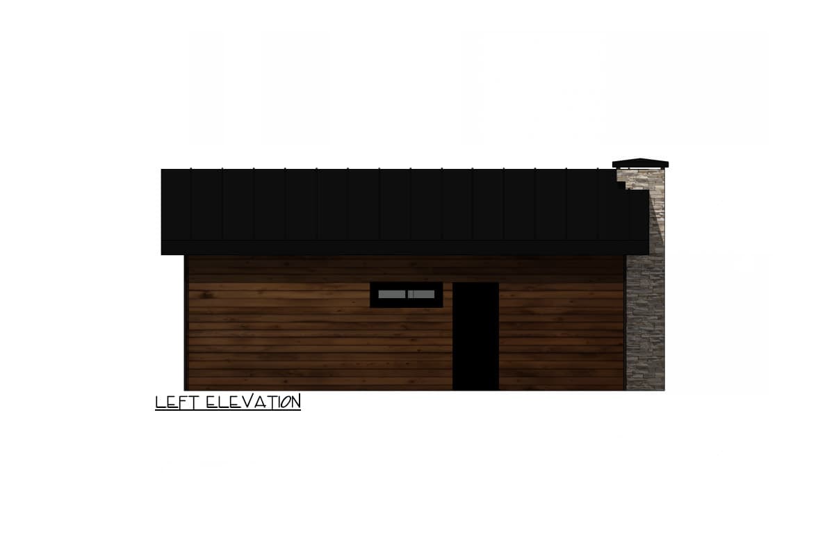 Left elevation drawing of a house with wood siding, a dark door, small horizontal window, black metal roof, and stone chimney.