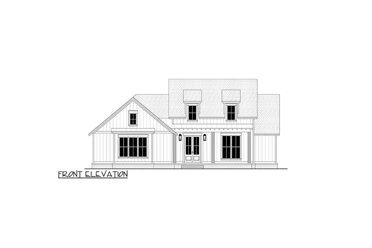 Front elevation drawing of a two-story house plan with a prominent gable, covered porch, dormer windows, and large multi-pane windows.