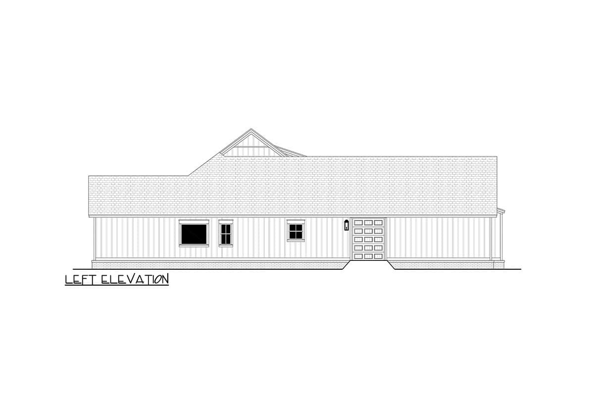 Left elevation house plan showing a one-story building with a gabled roof, siding, windows, and a five-panel garage door.