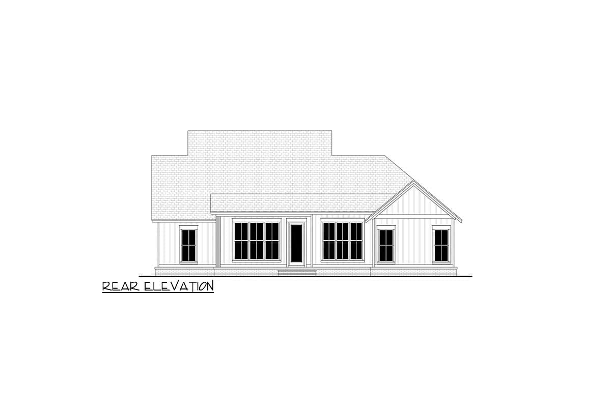 Rear elevation house plan featuring a prominent gable, central door, and multiple windows.