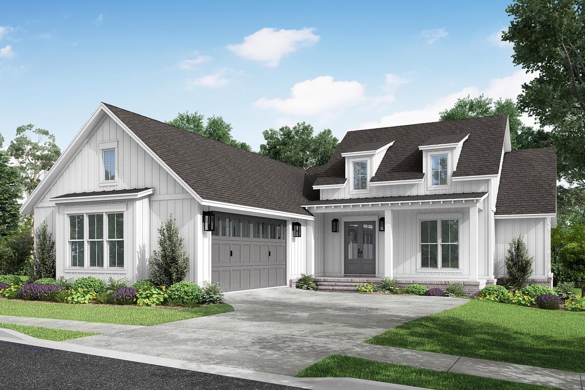 House plan exterior. Two-story Modern Farmhouse with gables, dormers, and a front porch. Garage with multiple panel doors is attached on the left.