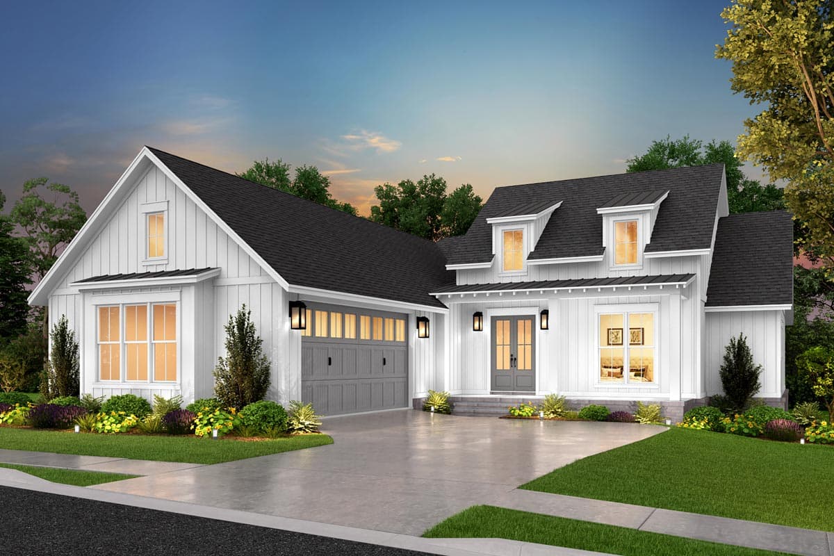 Modern Farmhouse house plan exterior with prominent gables, dormers, a two-car garage, and board-and-batten siding.