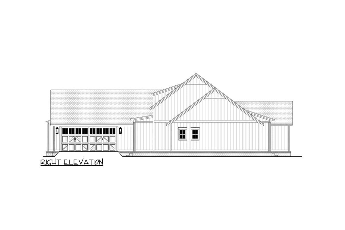 Right elevation house plan with a side-entry garage, gabled rooflines, and board-and-batten siding.