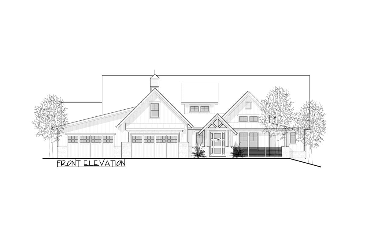 Front elevation drawing of a Modern Farmhouse style house plan with a two-car garage, covered front porch, and gabled dormers.