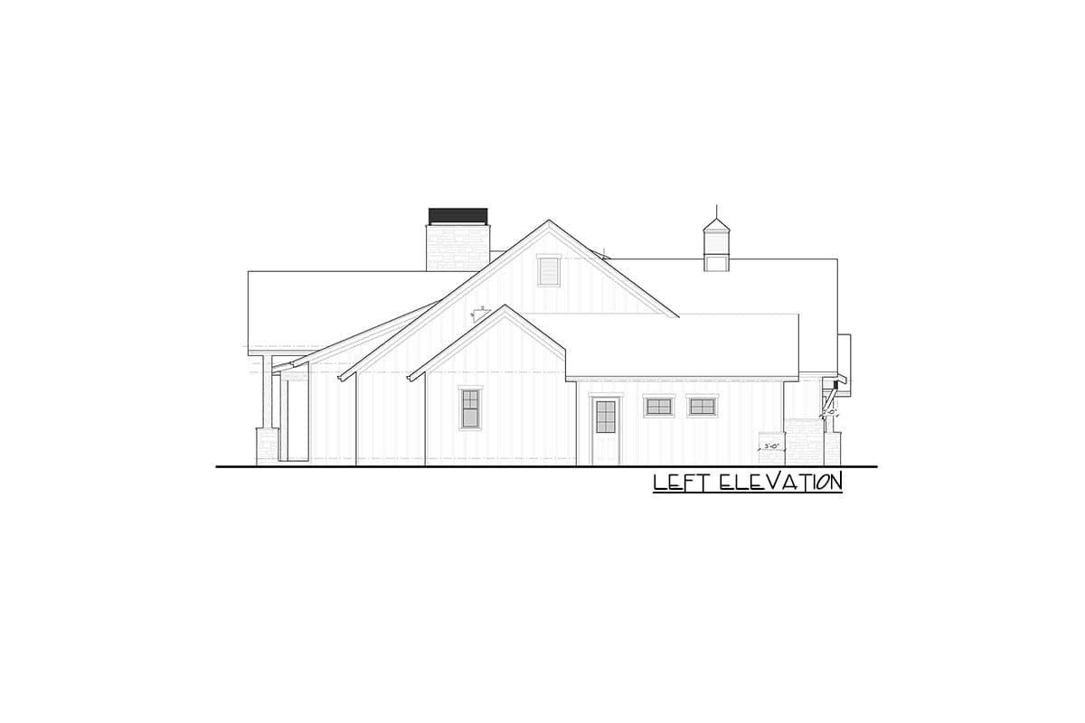 Left elevation drawing of a house plan featuring a covered porch, gables, dormers, and a prominent chimney.