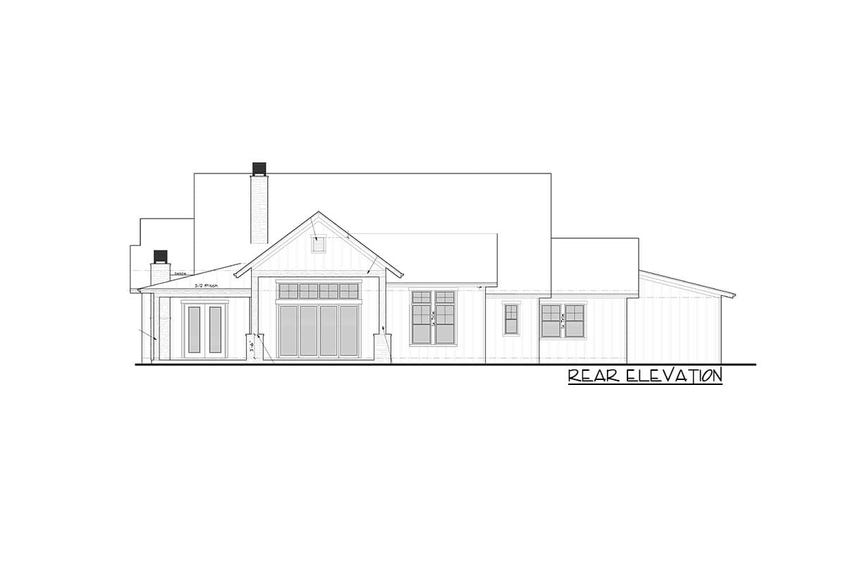Rear elevation drawing of a house plan, showing a covered porch, multi-panel sliding doors, and gabled dormer.