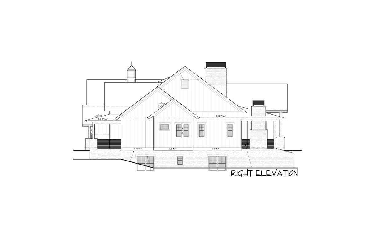 Right elevation drawing of a house plan featuring gables, dormers, a covered porch, and stone accents.