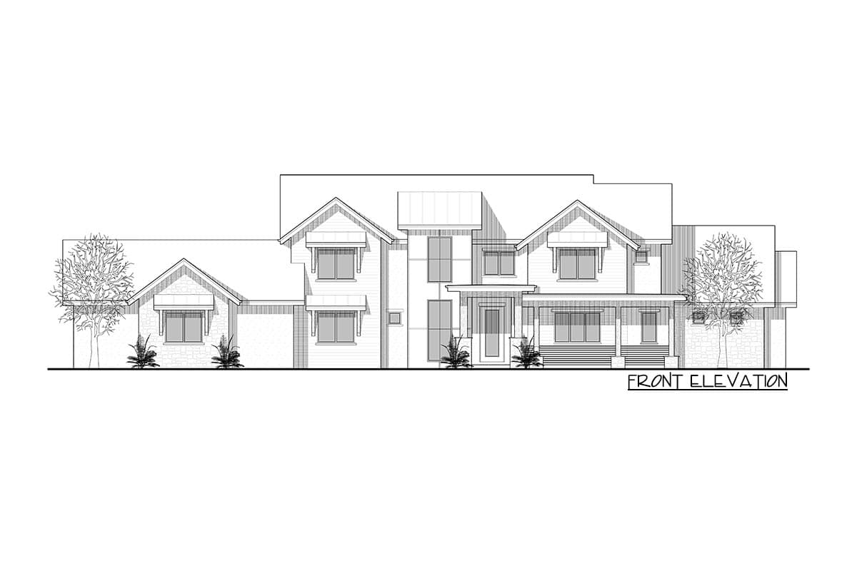 Front elevation drawing of a two-story house with gables, dormers, and a covered front porch.