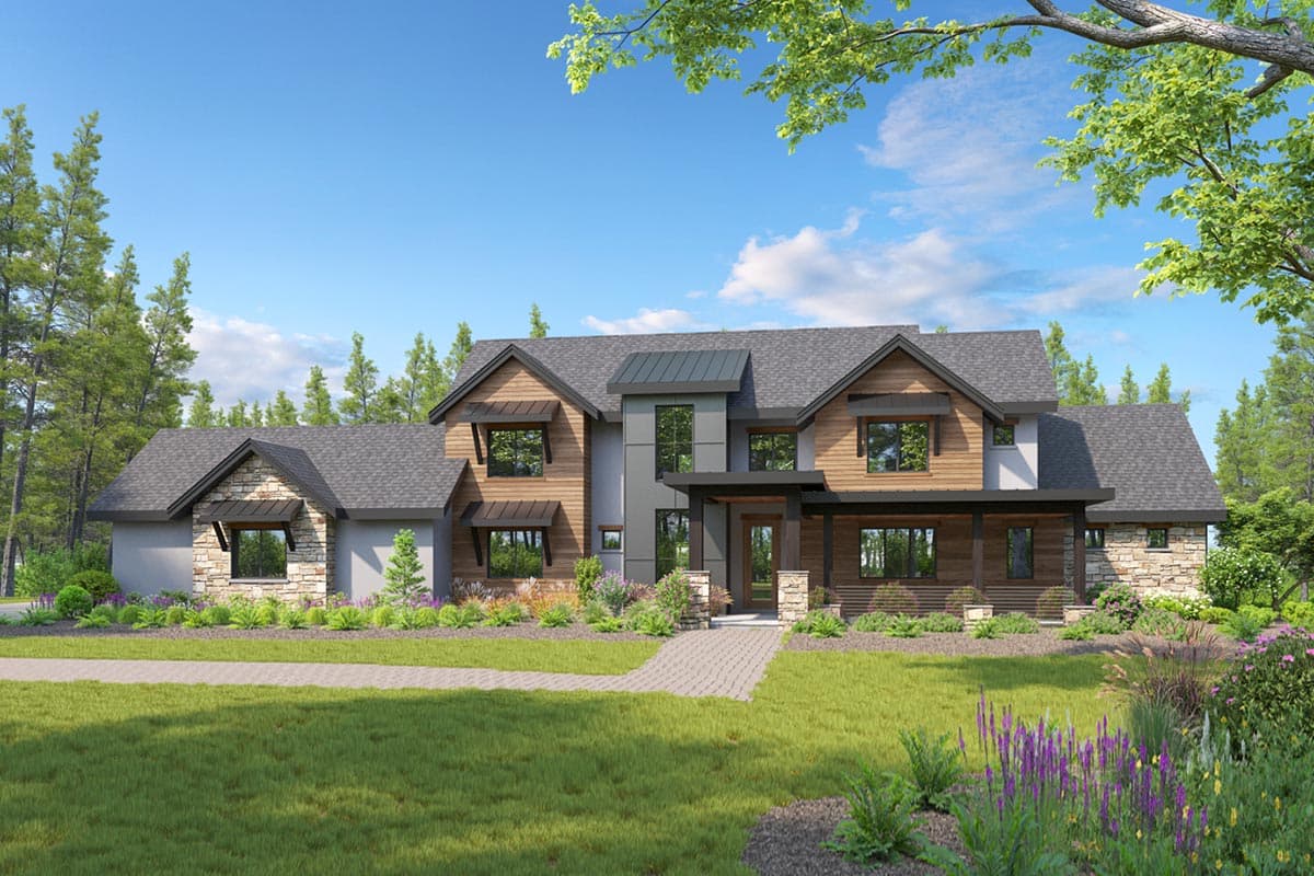 House plan exterior with Craftsman influences. Features include gabled rooflines, a covered porch, and stone accents. Two stories.