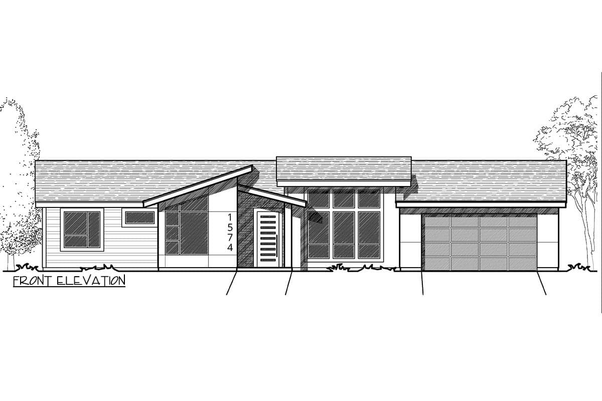 Front elevation drawing of a one-story house with a prominent asymmetrical roofline, large windows, and an attached garage.