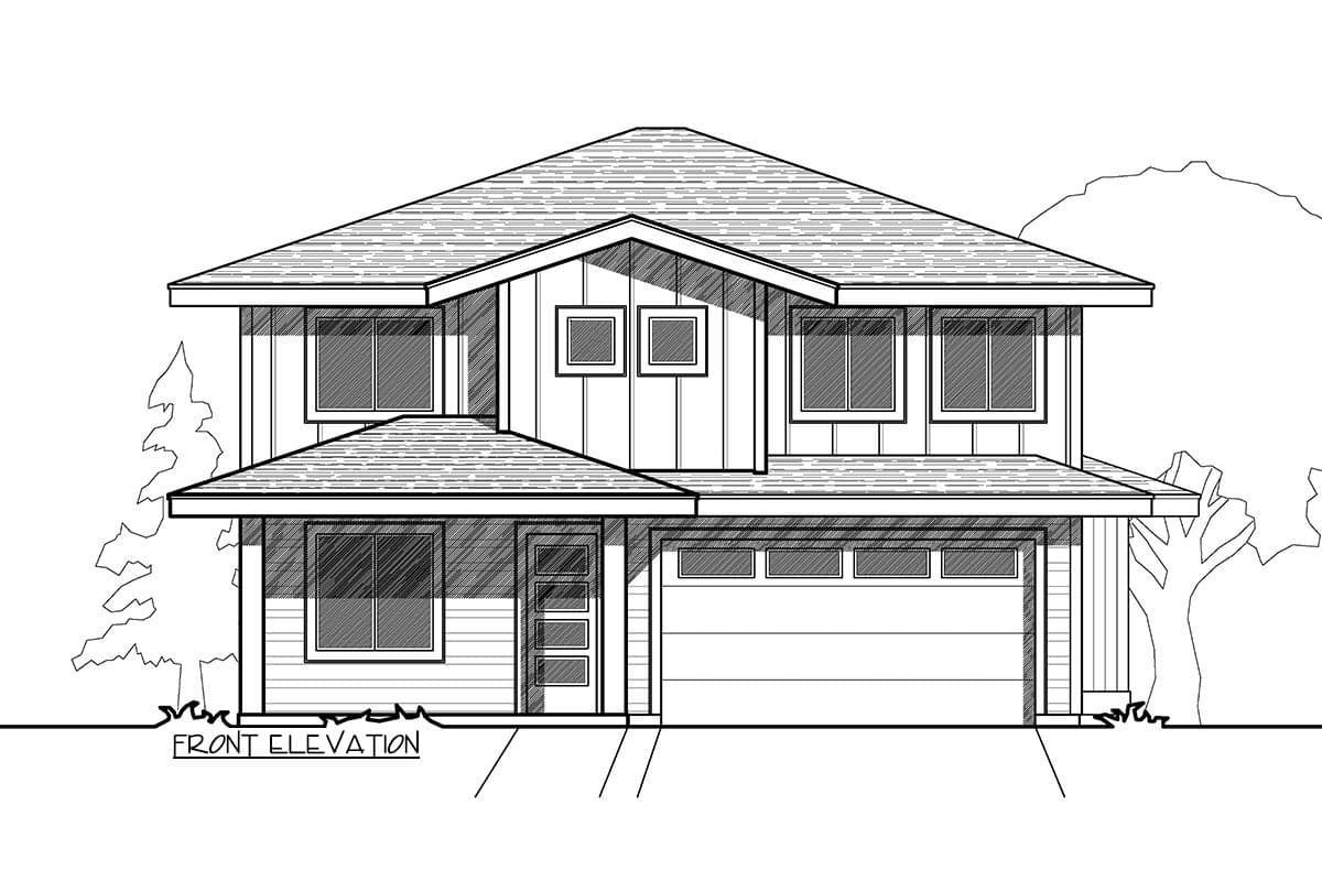 Front elevation drawing of a two-story house with a hipped roof, prominent gable, covered entry, and attached garage.
