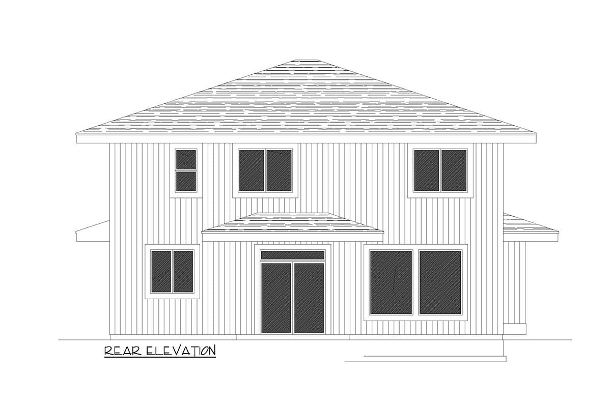Rear elevation drawing of a two-story house plan featuring vertical siding, multiple windows, and a prominent gable roof.