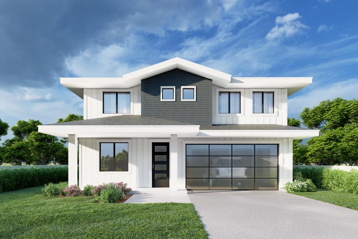 House plan exterior. Two-story Modern house with a flat roof and shed-style accents. Includes a glass garage door and covered porch.
