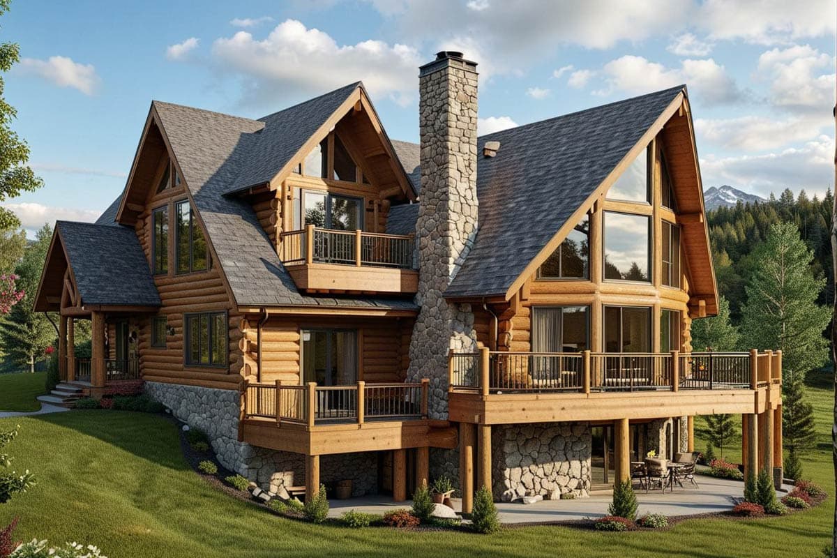 Log cabin house plan exterior with stone chimney, multiple balconies, gabled rooflines, and large A-frame windows.