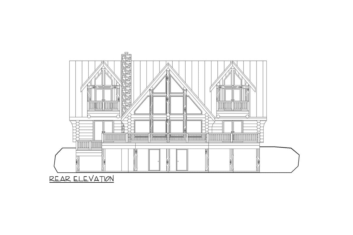 Rear elevation drawing of a log house with a prominent central gable and large windows, flanked by dormers and balconies.
