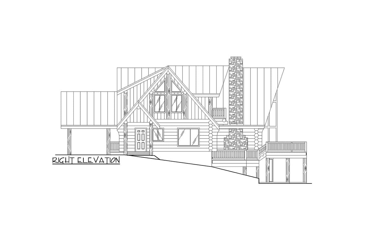 Right elevation house plan: log construction, gabled roof, stone chimney, and deck.