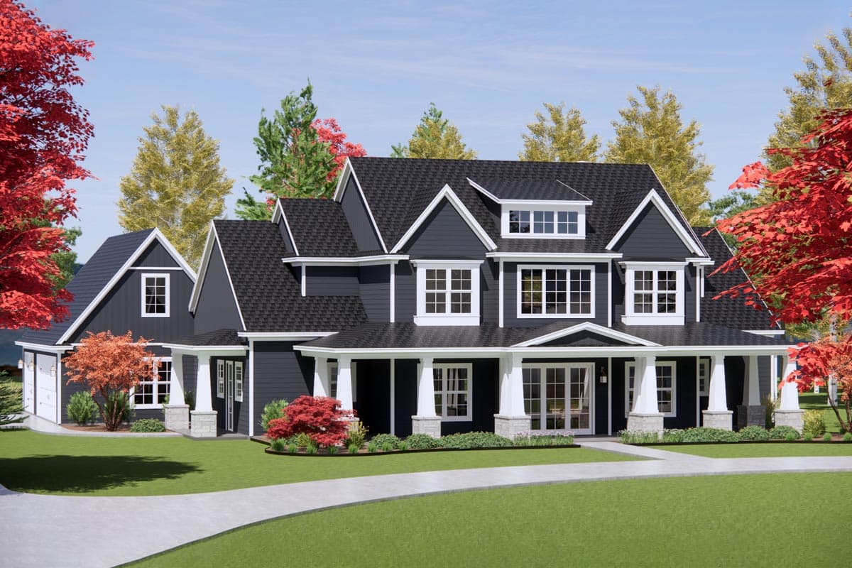 Two-story house plan exterior with a wraparound porch, gables, dormers, and an attached garage.