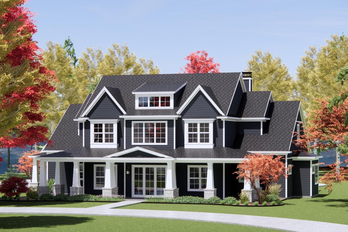 House plan exterior: Two-story dark siding home with a wrap-around porch, multiple gables, and dormer windows.