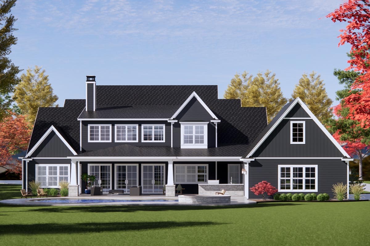 House plan exterior: Two-story Modern Farmhouse with multiple gables, a central chimney, covered patio, and large windows.