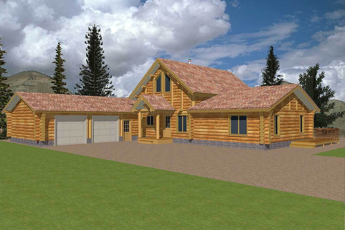 Log home exterior, two-story central section with prominent gable, attached three-car garage, and deck.