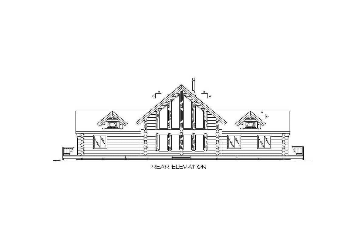 Log home rear elevation drawing showing a two-story structure with multiple gables, dormers, and a wraparound deck.