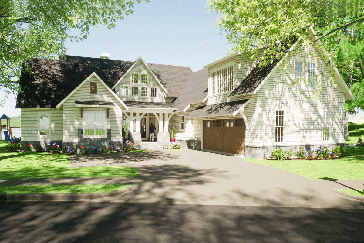 House plan exterior featuring a covered porch with arched supports, multiple gables, and an attached two-car garage.