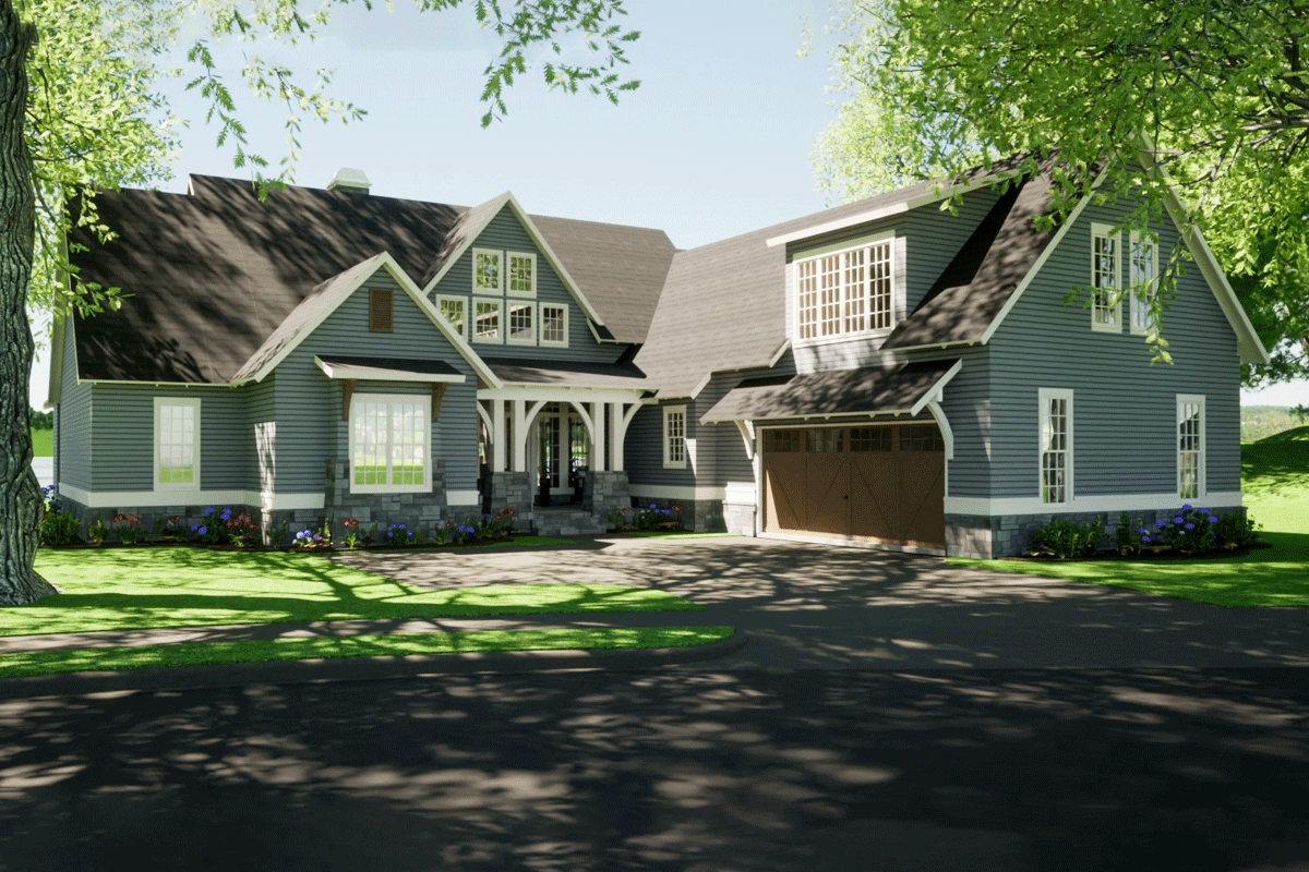 House plan exterior: Two-story Modern Farmhouse with gabled dormers, a covered entrance with arched supports, and a side-entry garage.