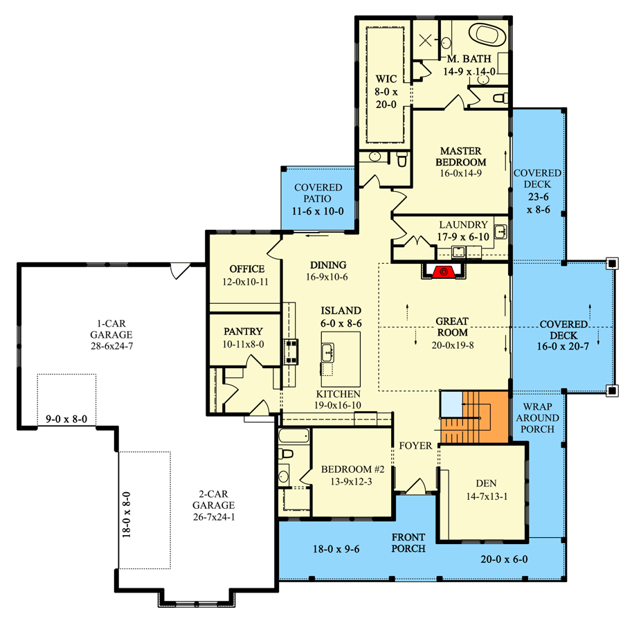 Plan 95201RW: Sloping Lot Mountain Farmhouse Plan Under 2800 Square Feet with Lower Level Expansion - Floor Plan - Main Level - Country, Craftsman, Farmhouse, Modern Farmhouse, Mountain, New American, Southern, Traditional