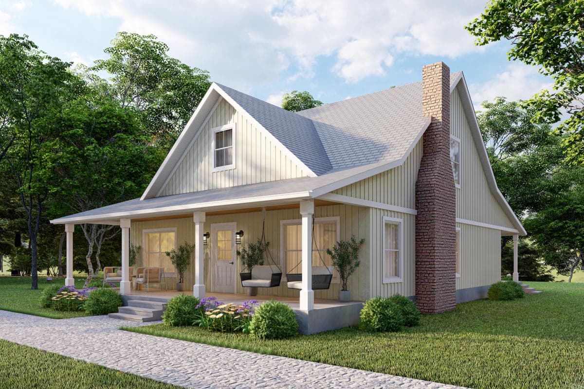 Modern Farmhouse house plan exterior with a wrap-around porch, a prominent brick chimney, and a prominent gable.