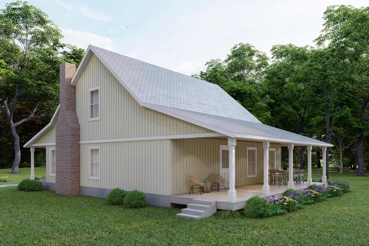 House plan exterior: Two-story home with a prominent brick chimney, wraparound porch, and gabled roof.