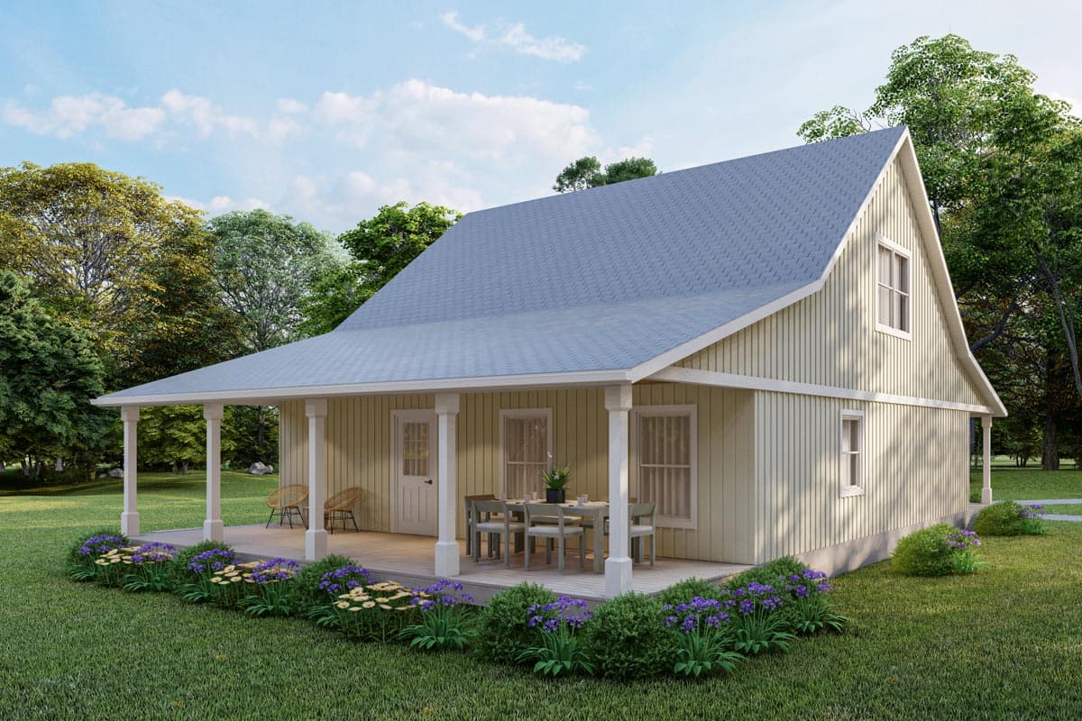 House plan exterior: Modern farmhouse style, two stories, full-width porch, gabled roof, and board-and-batten siding.