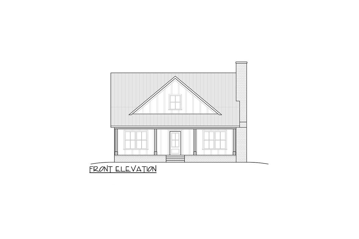 Front elevation drawing of a one-story house with a covered front porch, gable, and brick chimney.