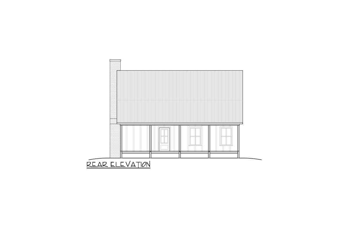 Rear elevation of a house plan with a porch, metal roof, brick chimney, door, and three windows.