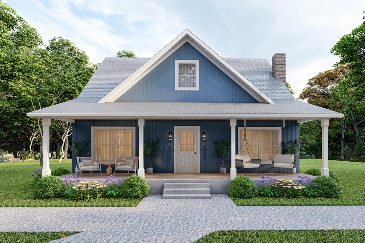 House plan exterior with Craftsman style, one story, and a front porch with a gable roof, and vertical siding.