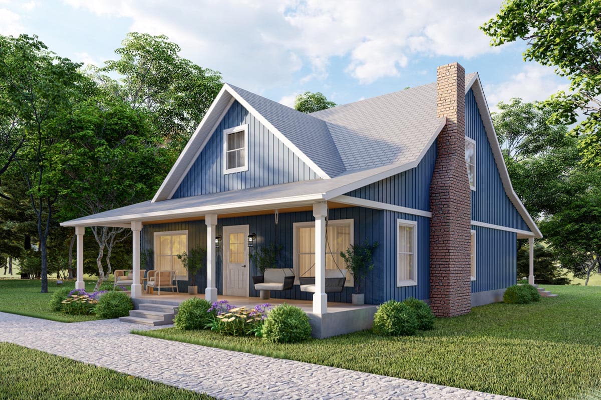 House plan exterior: Blue-sided two-story home with wrap-around porch, gabled dormer, and brick chimney.