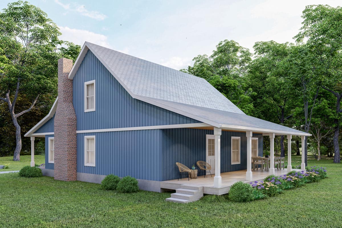 House plan exterior: Blue-sided, two-story home with prominent brick chimney, wide wrap-around porch, and gabled roof.