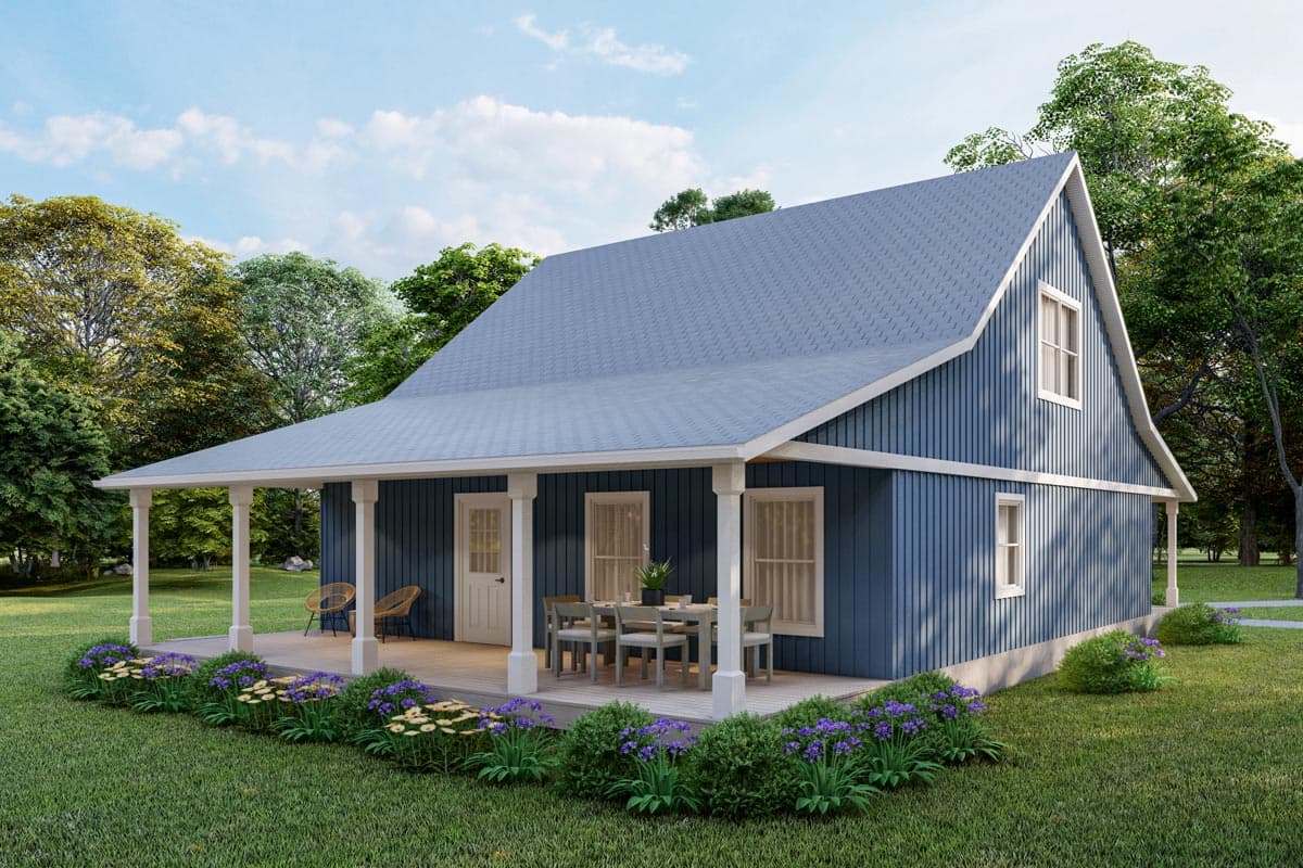 House plan exterior: Two-story modern farmhouse with a prominent wraparound porch, gabled dormer, and vertical siding.