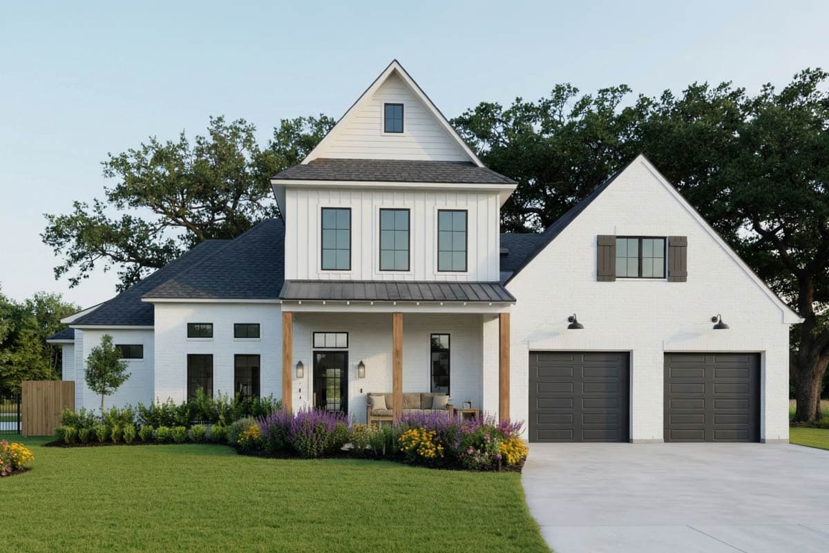 House plan exterior. Two-story Modern Farmhouse with gabled roof, covered porch, and a two-car garage. Features include board and batten siding.