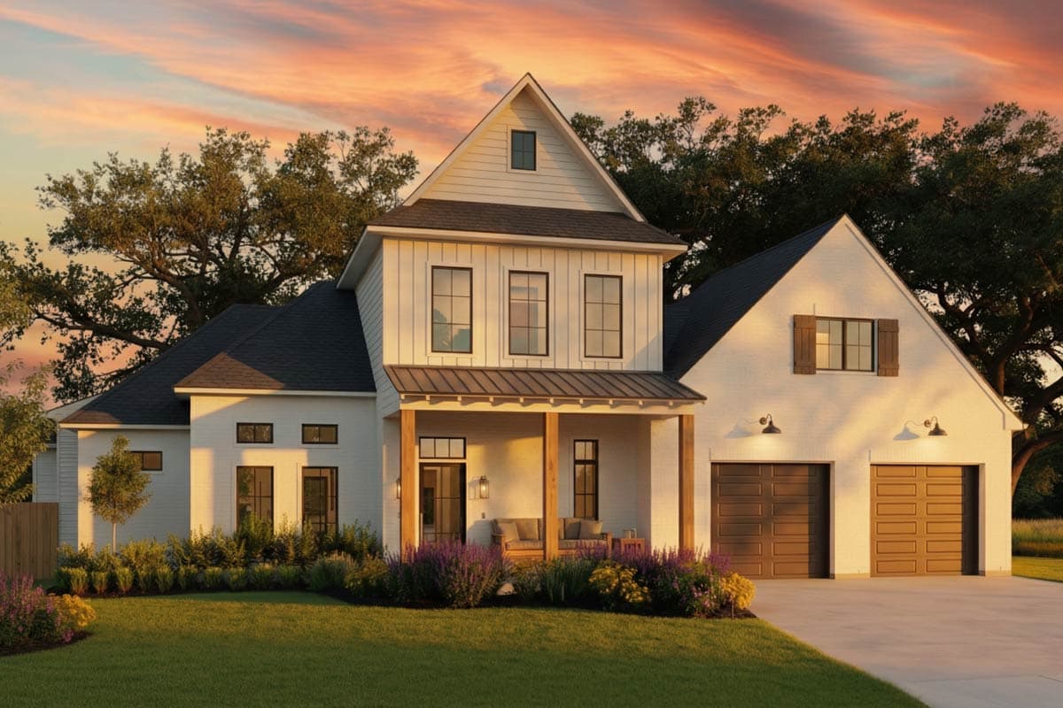 House plan exterior rendering. Two-story Modern Farmhouse with a front porch, gables, and a two-car garage.