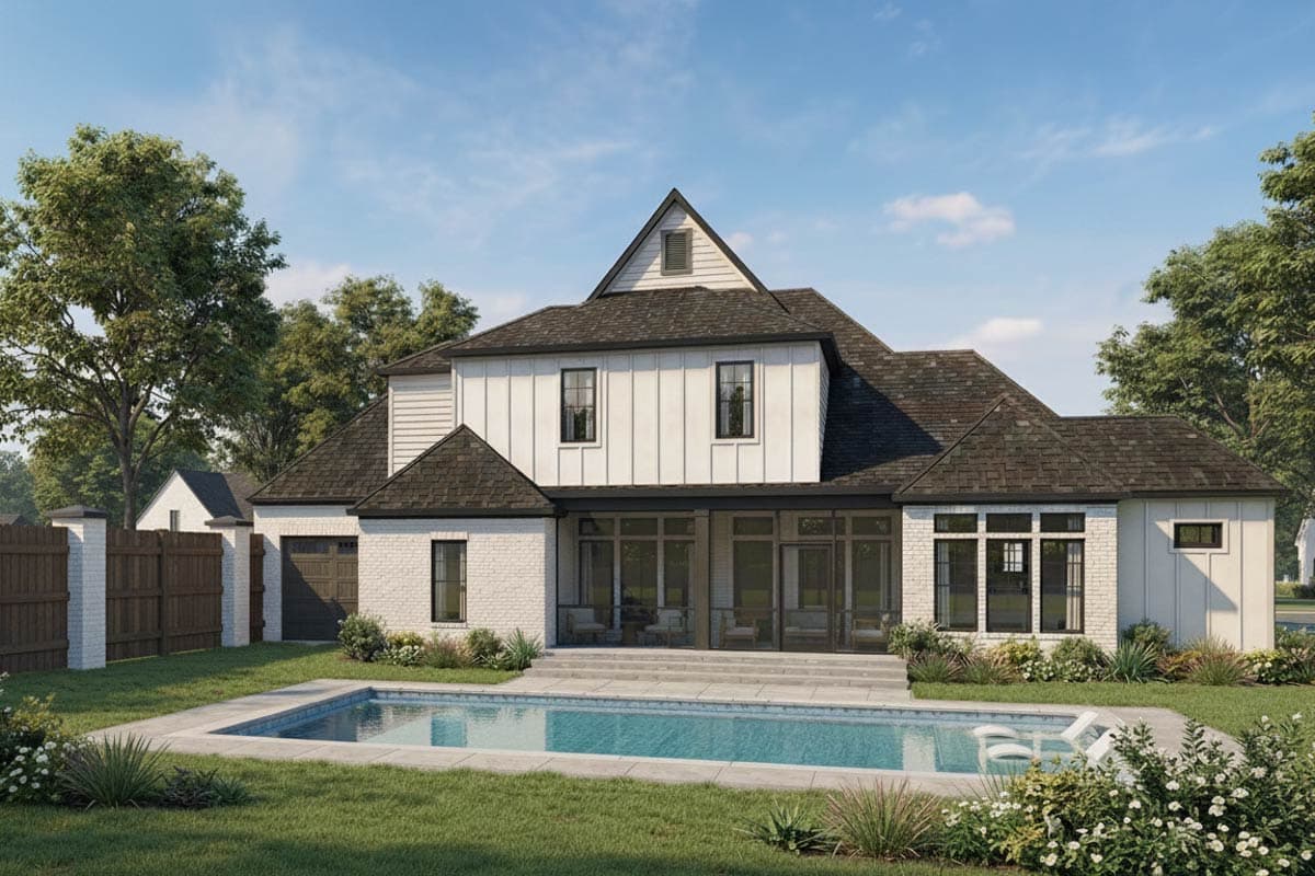 House plan exterior with two stories, board and batten siding, multiple gables, and a covered porch. Includes a swimming pool.