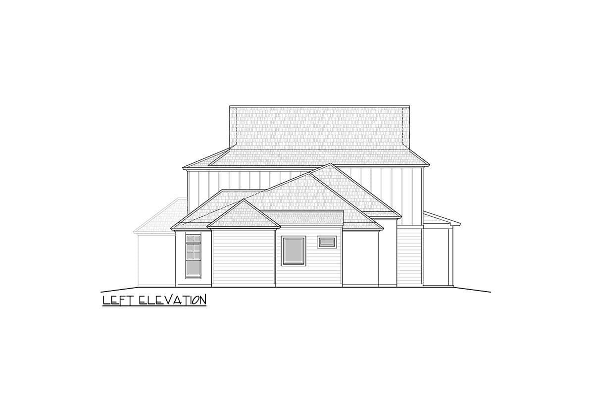 House plan left elevation. Gable roof with varying rooflines. Features include a covered porch, multiple windows, and a rectangular dormer.