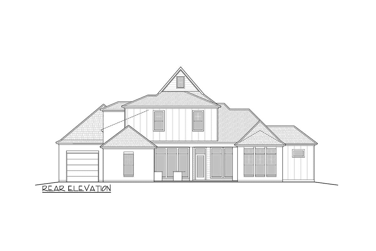House plan rear elevation. Two-story design with gabled rooflines, a garage, and an abundance of windows across the back facade.