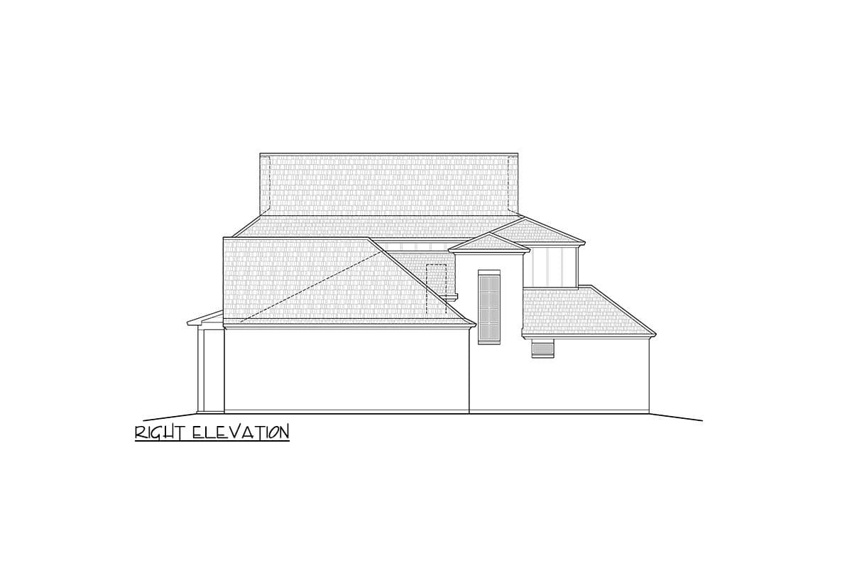 House plan right elevation. Features include a multi-gabled roofline, dormer, and rectangular windows. Two story structure.