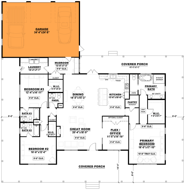 Plan 810017RBT: One-Story Country Farmhouse House Plan with Wrap-Around Porch - Floor Plan - Optional 3-Car Rear Garage - Country, Farmhouse, Ranch, Rustic