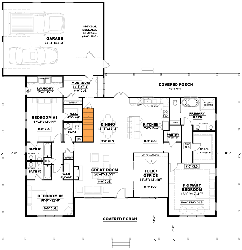 Plan 810017RBT: One-Story Country Farmhouse House Plan with Wrap-Around Porch - Floor Plan - Main Level - Basement Stairs Location - Country, Farmhouse, Ranch, Rustic